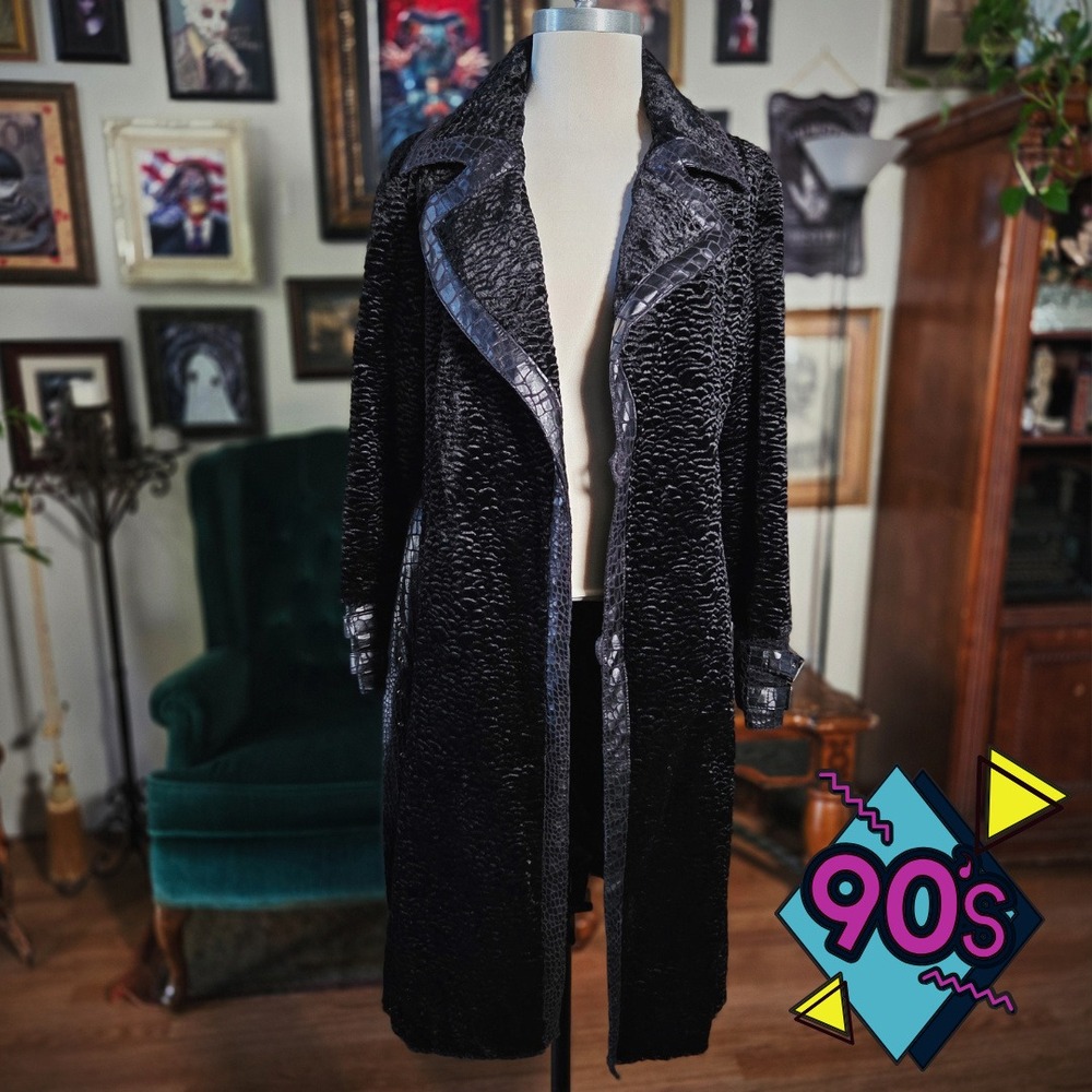 Randolph‎ Duke Trench Coat Vintage 90s Black Faux Persian Lamb Crocodile Trim M